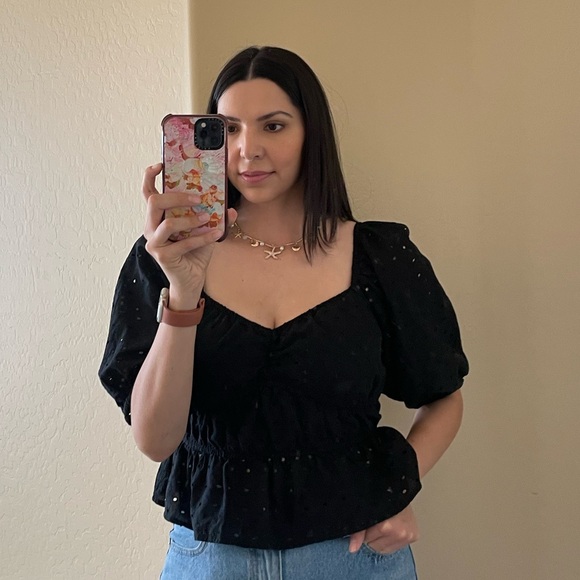 A New Day Black Puff Sleeve Eyelet Blouse - Picture 4 of 7